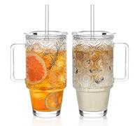 KEMORELA 2 Pack 24oz Glass Tumblers with Handle, Straw & Lid - Begonia Pattern Iced Coffee Cups, Reusable Glass Tumbler Set for Cold Drinks, Smoothies, Latte & Coffee