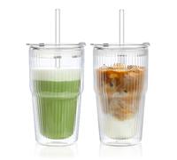 KEMORELA 2-Pack 473ml Ribbed Double-Wall Stackable Glass Cups Set with Lids and Straws- Borosilicate Glass for Iced Coffee, Smoothies, Juice, Heat & Cold Resistant, Leakproof,Dishwasher Safe