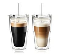 KEMORELA 2 Pack 480ml Double Walled Glass Cups with Lid & Straw - Clear Glasses for Iced Latte & Cappuccino Cups, Juice & Cold Beverages
