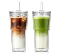 KEMORELA 2 Pack 600ml Ribbed Double Wall Glass Cups with Lids & Straws, Insulated Iced Coffee Cups for Matcha, Latte, Smoothies & Bubble Tea, Aesthetic Clear Glass Tumblers