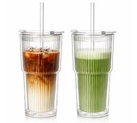 KEMORELA 2-Pack 600ml Ribbed Double Wall Glass Cups with Lids & Straws - Insulated Iced Coffee, Matcha, Smoothies & Bubble Tea Cups - Reusable Clear Glass Tumblers