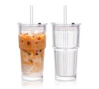KEMORELA 2-Pack 600ml Ribbed Glass Iced Coffee Cups with Leakproof Lids & Straws - Lead-Free Premium Glass Tumblers for Smoothies & Juice, Dishwasher Safe, Ideal for Home/Office/Car & Gift Giving