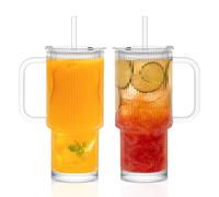 KEMORELA 2-Pack 768ml Ribbed Glass Tumblers with Leakproof Lids & Straws - Lead-Free Premium Glass Set for Iced Coffee, Smoothies & Juice, Dishwasher Safe, Ideal for Home/Office/Parties/Car