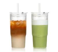 KEMORELA 2-Pack 800ml Ribbed Glass Tumbler with Lid & Straw - Borosilicate, Heat Resistant for Iced Coffee, Matcha, Tea & Cocktails (27 oz)