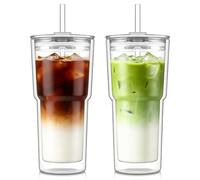 KEMORELA 2 Pack Double-Walled Glass Cups 600ml with Lids & Straws - Large Insulated Tea & Coffee Glasses with Straw Cleaner for Iced Coffee, Smoothies, Latte & Cold Drinks