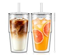 KEMORELA 2 Pack Double Walled Glass Mugs with Lid & Straw, 480ml Clear Latte Glasses for Iced Coffee, Matcha, Tea, Smoothies & Cold Drinks