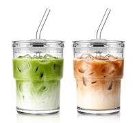 KEMORELA 2 Pack Iced Coffee Cups, Glass Tumblers with Lids and Straws, 380ml Reusable Coffee Glasses for Matcha, Iced Latte, Cold Brew, Tea & Smoothies