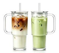 KEMORELA 2-Pack Ribbed Glass Tumblers with Lids & Straws, 768ml Iced Coffee Cups with Handle, Leakproof Glass Tumbler Set for Matcha, Smoothies & Cold Drinks, Fits Car Cup Holder