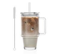 KEMORELA 24 Oz Ribbed Glass Tumblers with Lids and Straws, Ribbed Glass Cup with Handle, Iced Coffee Glassware, Clear Reusable Drinkware for Smoothies and Beverages (Ribbed Pattern)