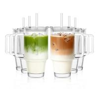 KEMORELA 24 Oz Ribbed Glass Tumblers with Lids and Straws, Ribbed Glass Cup with Handle, Iced Coffee Glassware, Clear Reusable Drinkware for Smoothies and Beverages (Ribbed Pattern) (6)