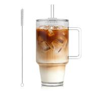 KEMORELA 24oz / 710ml Ribbed Glass Tumbler with Handle, Lid & Straw - Iced Coffee Glass Cup, Matcha & Smoothie Drinking Glass, Reusable Travel Cup with Straw and Lid