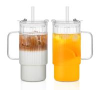 KEMORELA 2PCS 590ml/ 20 Oz Ribbed Glass Tumblers with Lids & Straws - Handle Iced Coffee Cups, Reusable Clear Drinkware for Smoothies & Cold Beverages - Dishwasher Safe
