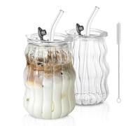 KEMORELA 2PCS Iced Coffee Glasses with Lids and Straws, 530ml Ribbed Glass Cups for Matcha Latte, Bubble Tea & Smoothies, Clear Wavy Drinking Glasses