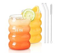 KEMORELA 2PCS Wave Bubble Beverage Glasses With Straws, 16 Oz Vintage Glass Cups, Aesthetic Iced Coffee Glasses, Ripple Glassware, Beer Glasses - Stylish Drinkware for Every Occasion