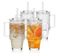 KEMORELA 4-Pack 24 Oz Glass Tumblers with Straws and Lids, Iced Coffee Cups with Begonia Floral Pattern, Smoothie Cups with Handles, Reusable Cold Drinkware, Glass Tumblers for Beverages