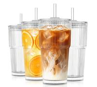 KEMORELA 4 Pack Glass Cups with Lids and Straws 600ml, Iced Coffee Glasses, Matcha Glass Cups, Glass Coffee Cup with Lid and Straw, Reusable Glass Tumblers for Smoothies, Juice and Cold Drinks