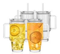 KEMORELA 4PCS 24oz Ribbed Glass Tumblers with Lids & Straws - Textured Handle Drinking Glasses for Iced Coffee, Smoothies, Cold Beverages - Reusable Clear Drinkware Set, Dishwasher Safe