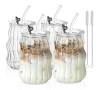 KEMORELA 4PCS Ribbed Glass Cups with Lids & Straws - 18oz Vintage Wavy Glass Coffee Cups, Bubble Glass Aesthetic for Iced Coffee, Clear Ribbed Glasses with Straws, Ideal Drinkware Set