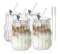 KEMORELA 4PCS Ribbed Glass Cups with Lids & Straws -530ml Wavy Textured Design for Iced Coffee, Bubble Tea, Smoothies - Clear Drinking Glasses, Dishwasher Safe - Ideal for Home, Cafe, Office Use