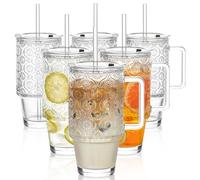 KEMORELA 6-Pack 24oz Glass Tumblers with Straws & Lids, Begonia Floral Iced Coffee Cups with Handles, Reusable Smoothie Glasses, Dishwasher Safe Cold Drinkware Set, BPA-Free Straws Included