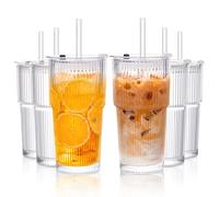 KEMORELA 6-Pack 600ml Ribbed Glass Tumblers with Leakproof Lids & Straws - Lead-Free Premium Glass Set for Iced Coffee, Smoothies & Juice, Dishwasher Safe, Ideal for Home/Office/Parties/Car & Present