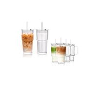 KEMORELA 6-Pack Ribbed Glass Tumblers with Lids & Straws - 2x600ml & 4x24oz Mixed Size Lead-Free Glass Cups for Iced Coffee, Smoothies, Juice - Dishwasher Safe Reusable Drinkware Set for Home, Office