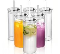 KEMORELA 6 Pack Ribbed Glass Tumblers with Lids & Straws, 530ml Iced Coffee Glasses - Reusable Smoothie Cups, Bubble Tea & Cocktail Glasses, Juice Drinking Glass Set, Dishwasher Safe