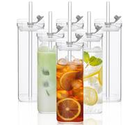 KEMORELA 6 Sets Square Drinking Glass Cups, Old Fashioned Glasses, 17 Oz/500ML Square Glasses, Clear Highball Modern Glassware Tumbler Mixed Drinkware with Straws for Cocktail Coffee Juice Beer