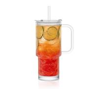 KEMORELA 768ml Ribbed Glass Tumbler with Leakproof Lid & Straw - Lead-Free Premium Glass for Iced Coffee, Smoothies & Juice, Dishwasher Safe, Ideal for Home/Office/Party/Car & Present Giving