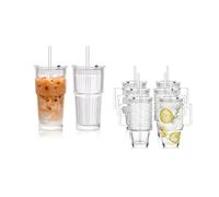 KEMORELA 8-Pack Ribbed Glass Tumblers with Lids & Straws - 2x600ml Go-Cups & 6x24oz Handle Mugs Mixed Size Lead-Free Glassware Set for Iced Coffee, Smoothies, Juice - Dishwasher Safe