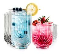 KEMORELA Art Deco Tumblers Set of 8 - U-Shaped Textured Highball & Cocktail Glasses for Whiskey/Iced Coffee, Vintage Drinking Glasses for Beer/Juice/Water，355ml/415ml