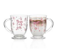 KEMORELA Glass Coffee Mug Set, 16oz Clear Coffee Cups with Handle, Flower Rose Bow Pattern Glass