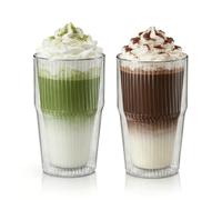 KEMORELA Iced Coffee Cups 16oz Ribbed Double Wall Glass Cups 2PCS, Coffee Bar Accessories，Insulated Borosilicate Glass Tumblers, To Go Coffee Cups, Spill proof tumbler,tumblers & water glasses