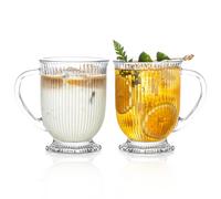 KEMORELA Ribbed Glass Coffee Mug Set, Cappuccino Cups, 16oz Clear Glass Mugs with Handle, Coffee Bar Accessories, Durable Drinkware for Hot Beverages, Set of 2 Coffee Mugs