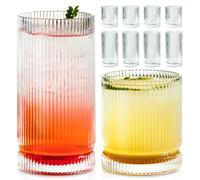 KEMORELA Ribbed Glassware Set of, Origami Style 16 Oz XL Drinking Glasses with Straws, Vintage Glassware Set - Glass Cups, Iced Coffee Cups Perfect for Cocktails, Smoothies, Juice, Beer (8Pcs)