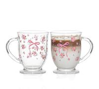 KEMORELA Set of 2 480 ml Premium Glasses with Pink Flower Rose Bow Pattern - Coffee Mugs, Juice Glasses, Smoothie Glasses & Water Glasses with Extra Wide Rim, Lead-Free and Dishwasher Safe