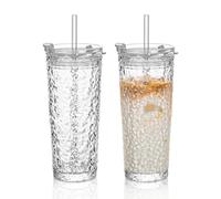 KEMORELA Set of 2 Hammered Glass Tumblers 530ml/18oz with Lids & Straws - British Crushed Ice Design Whisky & Cocktail Cups, Thick Textured Glasses for Iced Drinks, Home & Bar (2pcs Hammered Tumbler)