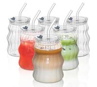 KEMORELA Set of 6 Ribbed Glass Cups 530ml/18oz with Lids & Straws - British-Designed Wavy Textured Tumblers for Iced Coffee & Bubble Tea, Premium Clear Aesthetic Glasses for Home & Cafés