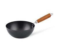 Ken Hom Carbon Steel Mini Wok, 20cm, Classic, Non-Induction/Wooden Handle/Flat Base Pan, Includes 1 x Chinese Wok Pan, KH320001