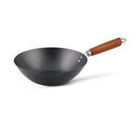 Ken Hom Carbon Steel Wok, 27cm, Classic, Non-Induction/Wooden Handle/Flat Base Pan, Includes 1 x Chinese Wok Pan, Black, KH327001