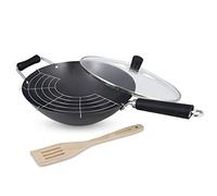 Ken Hom Carbon Steel Wok Set, 31cm, Includes Non Stick Wok, Lid, Tempura Rack, Spatula, Excellence, Induction Hobs/Metal Tool Safe/Phenolic Handle, Dishwasher Safe