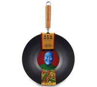 Ken Hom Carbon Steel Wok, Non-Stick 31cm, Classic, Non-Induction/Wooden Handle/Flat Base Pan, Includes 1 x Chinese Wok Pan, Not Dishwasher Safe