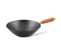 Ken Hom Carbon Steel Wok, 35cm, Classic, Non-Induction/Wooden Handle/Flat Base Pan, Includes 1 x Chinese Wok Pan, KH335001
