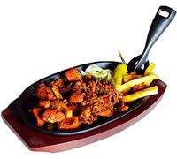 Ken"s Holm Sizzler Pre-Seasoned Cast iron Hot Serving Dish & Wooden Stand - 9.5x5.5 (241 x 140 mm) -& Board size 30x14.7cm Create that authentic feel, serve your dishes sizzling at the table!, (1)