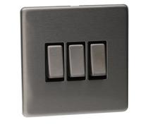 Kenable 3 Gang 2 Way 10A Light Switch Screwless Plate With Brushed Chrome Finish