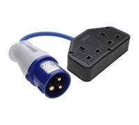 Kenable Caravan Site Power Plug 240V Cee 16A To Twin 13A Uk Sockets Adapter Cable 150mm Blue