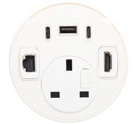 kenable Desk Grommet Power Socket with USB-C 45W PD, USB-A, HDMI 2.0, RJ45 Ethernet, 2.5m Cable, White, Fits 80mm Cable Holes for Office Desks and Worktops