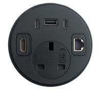 kenable Desk Grommet Power Socket with USB-C 45W PD, USB-A, HDMI 2.0, RJ45 Ethernet, 80mm Fitting, 2.5m Cable - Black