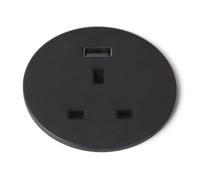 kenable Office Desk Mount 60mm Grommet with UK Mains Power Socket and USB-A Fast Charge Port 2m Cable Black