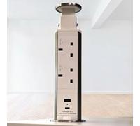 kenable Office Desk Pop-Up Power Socket 2 UK Outlets USB-A USB-C Charging Silver 60mm Cut-Out 2m Cable